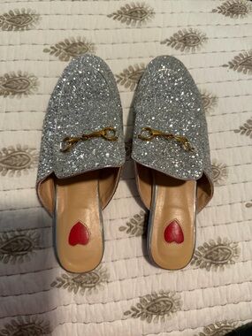 Amazon Silver Glitter Slide Mules with Gold Horsebit